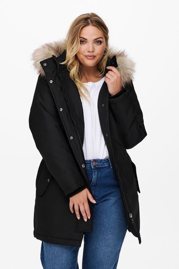 ONLY Curve Black Parka Coat With Faux Fur Hood