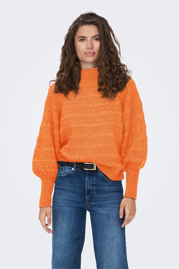 ONLY Orange High Neck Knitted Ribbed Puff Sleeve Jumper