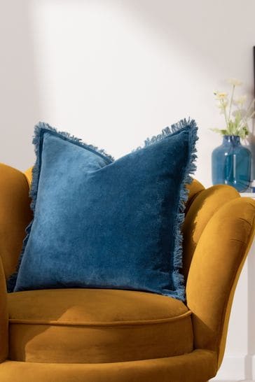 Furn Blue Gracie Velvet Fringed Feather Filled Cushion