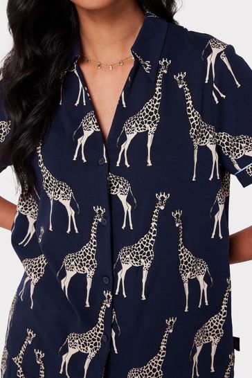 Chelsea Peers Blue Organic Cotton Giraffe Print Short Pyjamas Set