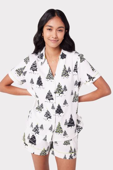 Chelsea Peers White Organic Cotton Tree Print Short White Pyjamas Set