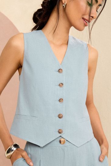 Love & Roses Blue Tailored Waistcoat With Linen