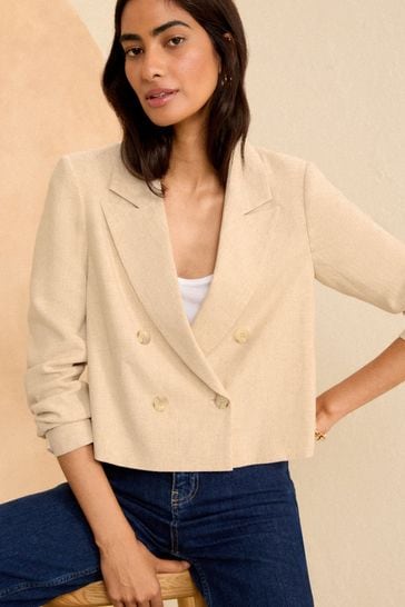 Love & Roses Beige Cropped Double Breasted Blazer With Linen