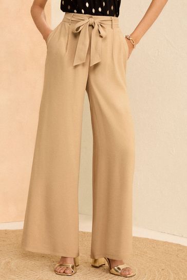 Love & Roses Stone Beige Petite Tie Front Wide Leg Trousers