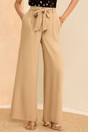 Love & Roses Stone Beige Tie Front Wide Leg Trousers