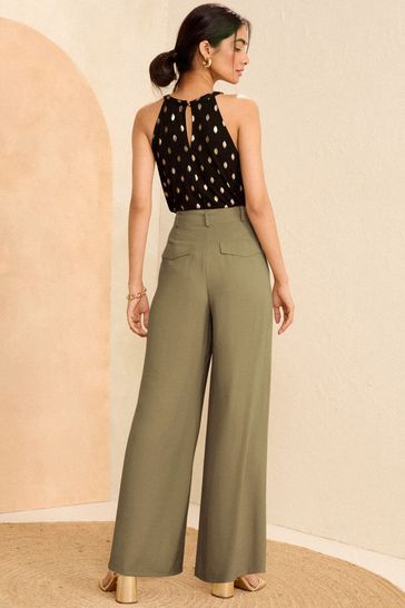 Love Roses Khaki Green Tie Front Wide Leg Trousers