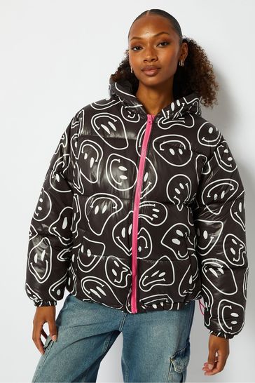 Skinnydip Warped Happy Face Hooded Puffer Black Jacket