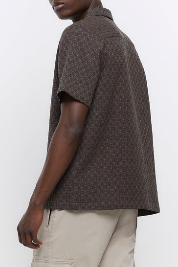 Buy River Island Grey Short Sleeve G Dye Jacquard Revere Shirt