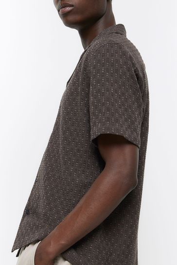 Buy River Island Grey Short Sleeve G Dye Jacquard Revere Shirt