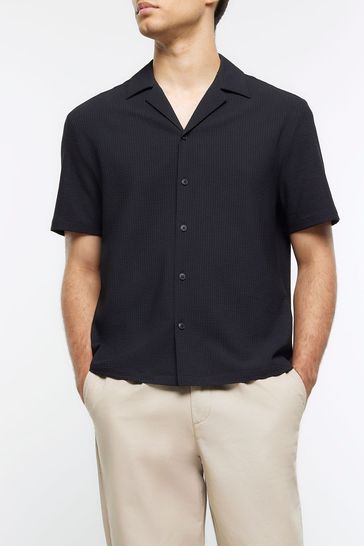 River Island Black Black Short Sleeve Seersucker Revere Shirt