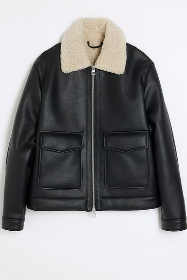 River Island Black PU Aviator Jacket