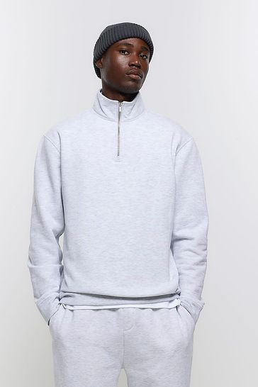 River Island Grey Long Sleeve Funnel Neck ZT Polo Hoodie