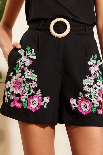 V&A | Love & Roses Black Floral Embroidered Belted Shorts With Linen