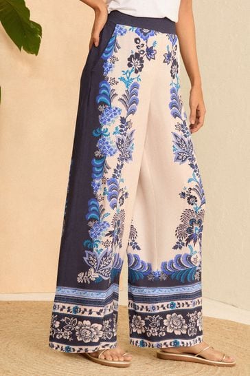 V&A | Love & Roses Blue Petite Placement Print Wide Leg Trousers