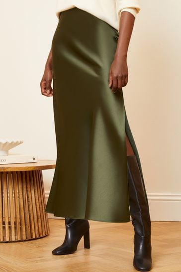 Love & Roses Khaki Green Satin Bias Cut Midaxi Skirt