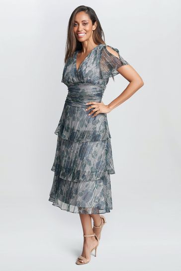 Gina Bacconi Blue June Midi Printed Dress With Tiered Skirt