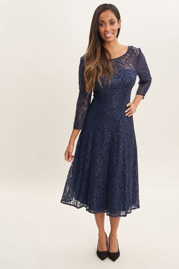 Gina Bacconi Black Elianna Midi-Length Sequin Lace 3/4 Sleeve Cocktail Dress