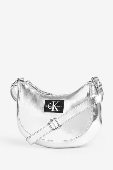Calvin Klein Jeans Silver Shiny Metallic Monogram Logo Bag