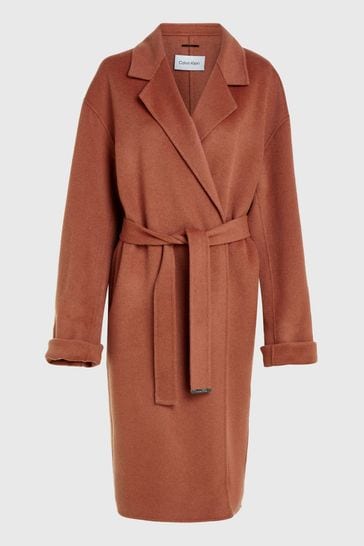 Calvin Klein Brown Wool Belted Wrap Coat