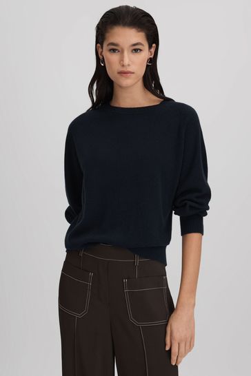 Reiss Navy Andi Oversized Wool Blend Crew Neck Jumper