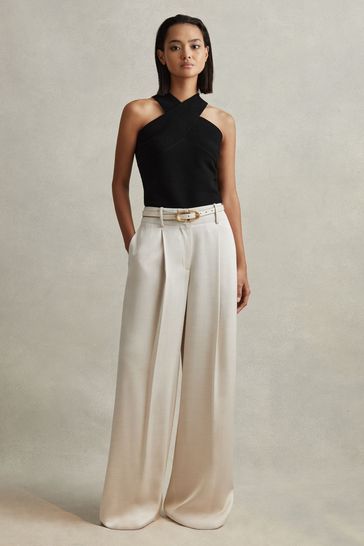 Reiss Champagne Isla Petite Satin Wide Leg Trousers