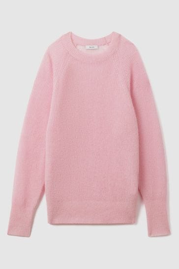 Reiss Light Pink Mae Oversized Crew Neck Jumper with Mohair
