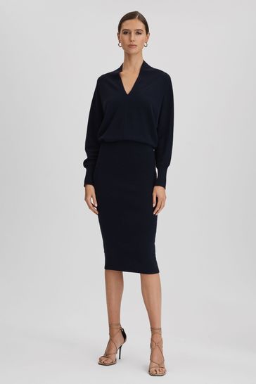 Reiss Navy Sally Wool Blend Midi Dress