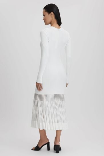 Reiss Cream Tasmin Knitted Sheer Flared Midi Dress