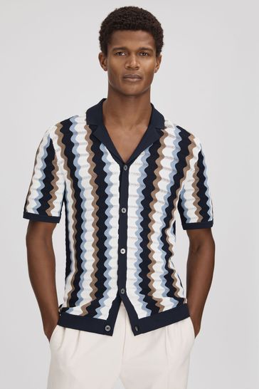 Reiss Blue Multi Waves Knitted Cuban Collar Shirt