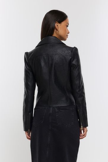 River Island Black Puff Sleeve Open Collar Biker Jacket