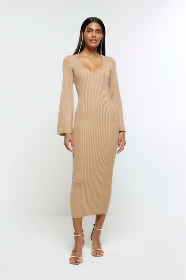 River Island Brown Metallic Midi Dress