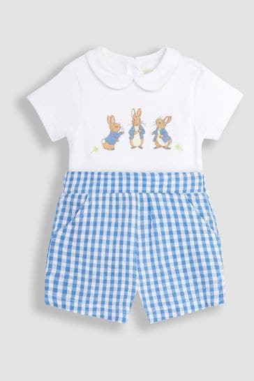 JoJo Maman Bébé White 2-Piece Peter Rabbit Embroidered Bodysuit & Shorts Set