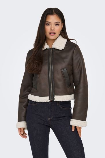 ONLY Brown Faux Fur Collar Detail Bomber Jacket