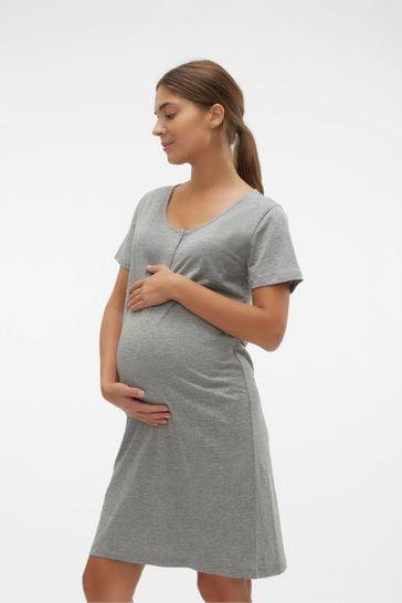 Mamalicious Grey Maternity Button Front Comfort Night Dress With Nursing Function