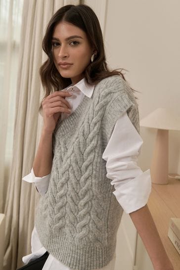 Lipsy Grey Petite Longline Cable Knitted Sleevless Jumper