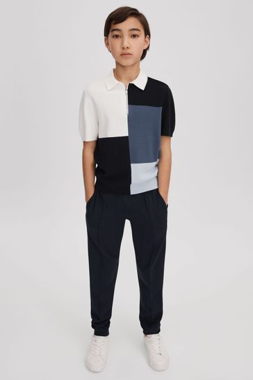 Reiss Blue Delta Junior Colourblock Half-Zip Polo Shirt