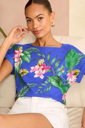Love & Roses Blue Tropical Print Crew Neck Woven Trim Linen Look Jersey T-Shirt