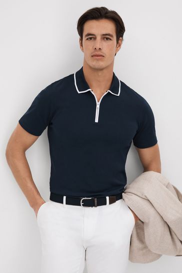 Reiss Navy Cannes Slim Fit Cotton Quarter Zip Shirt