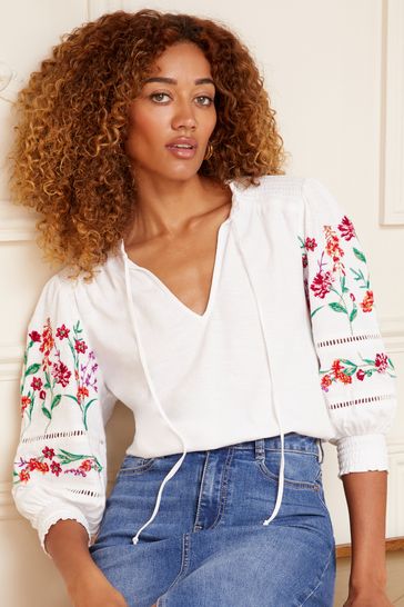 Love & Roses Ivory White V Neck Embroidered Sleeve Jersey T-Shirt