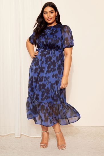 Curves Like These Blue Printed Puff Sleeve Tie Waist Midi Dress