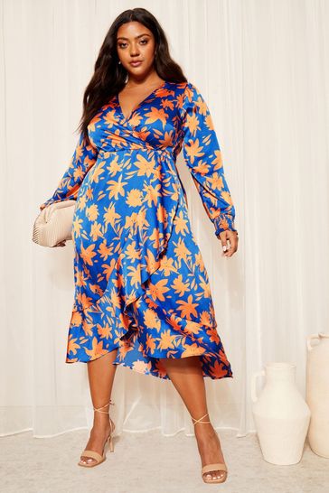 Buy Curves Like These Blue Satin Ruffle Wrap Midi Dress from Next Italy
