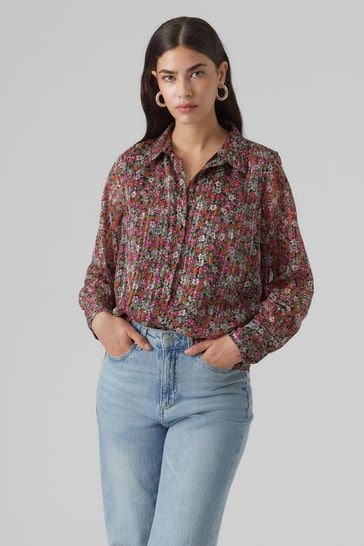 VERO MODA Red & Pink Flora Floral Printed Sheer Shirt