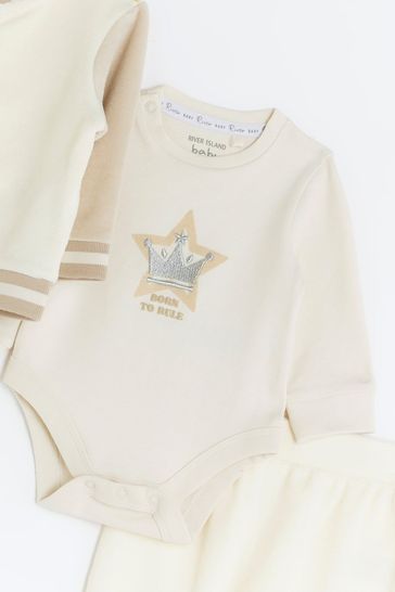 River Island Natural Baby Boys Velour Blocked 3 Piece Set