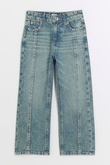 River Island Blue Girls Mid Studded Straight Fit Jeans