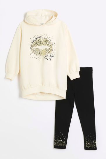 Buy River Island Cream Girls Embellished Lip Hoodie Set from Next USA