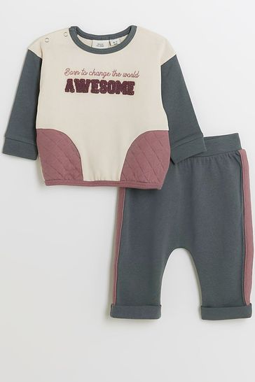 River Island Cream Baby Boys Colour Blocked Sweat Set