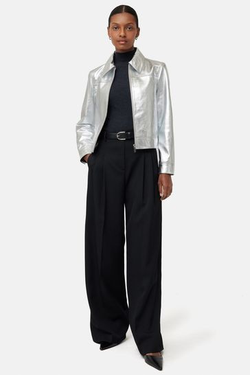 Buy Jigsaw Silver Zip Front Leather Biker Jacket from Next Ireland