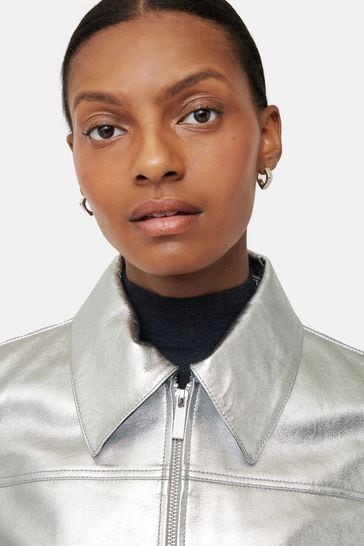Metallic silver outlet leather jacket