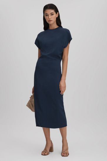 Reiss Navy Tasha Ruched Bodycon Midi Dress