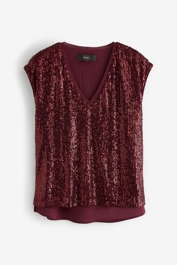 Berry Red Sequin V-Neck Top